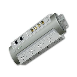 A power strip with four outlets and three usb ports.