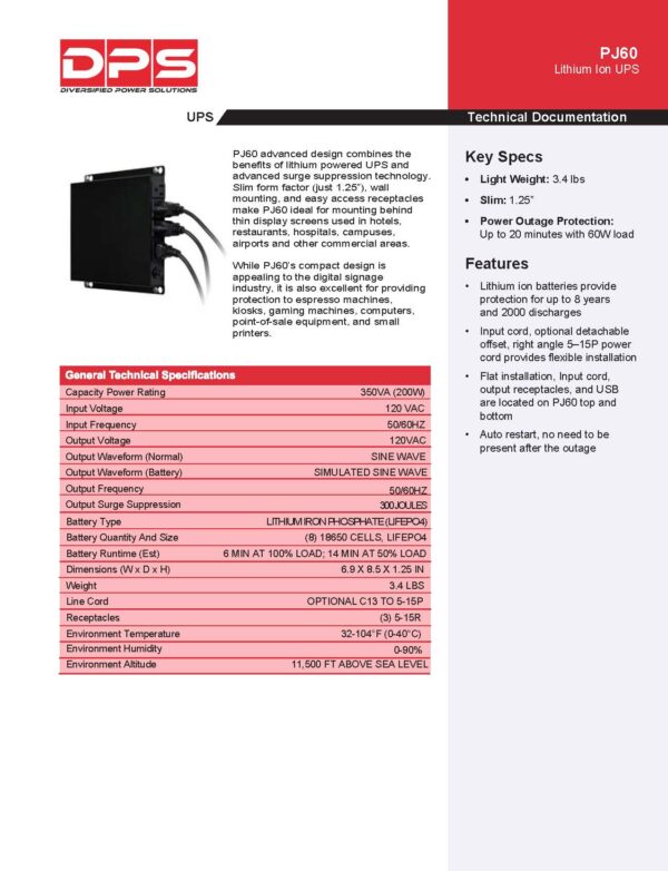 A page of technical information with key specs.