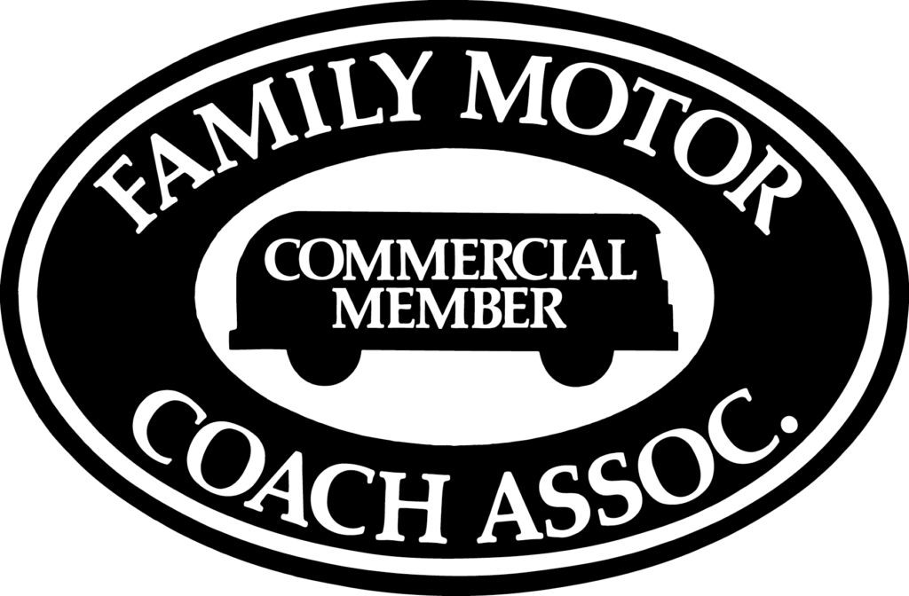 A black and white logo of the family motors coach association.