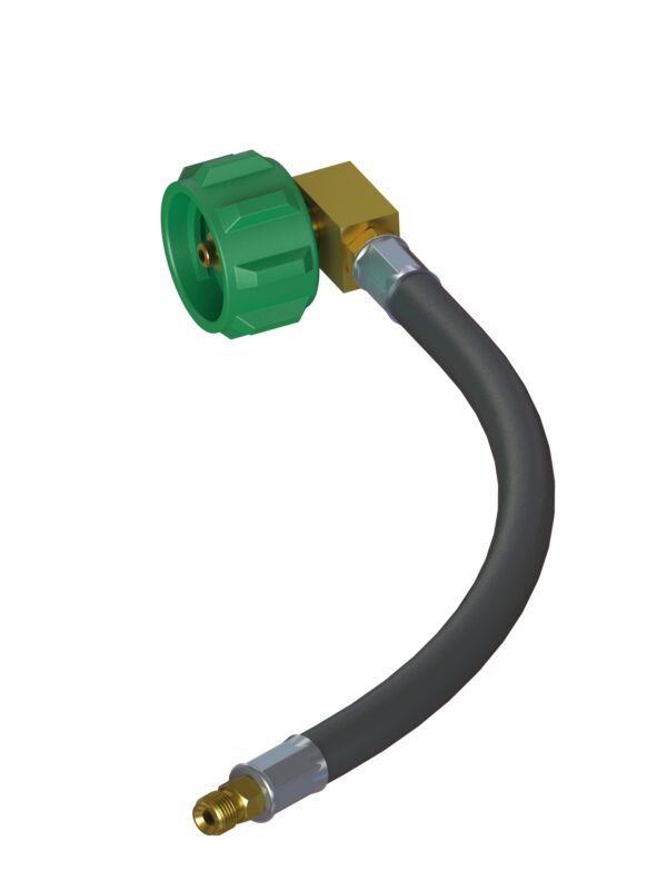 A hose with an elbow and a green connector.