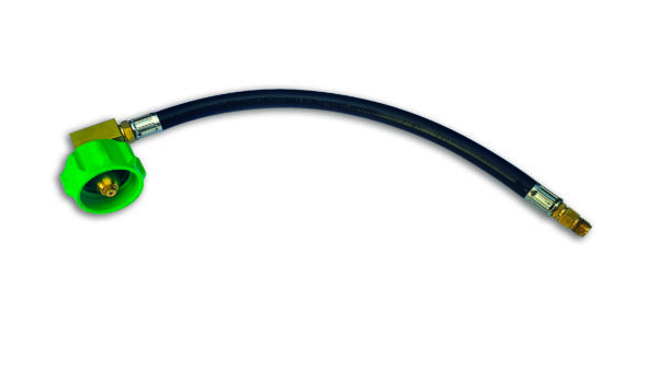 A black hose with green ends and two blue lines.