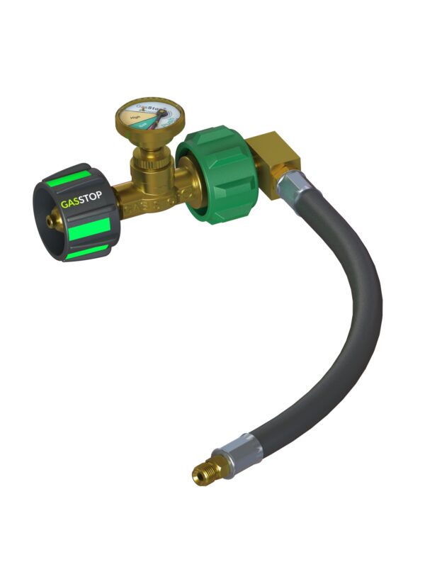 A gas regulator with an hose attached to it.