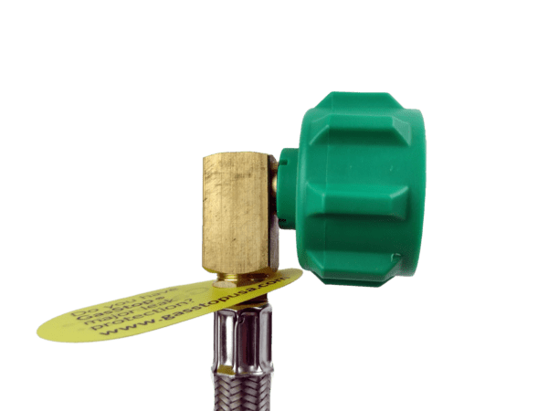 A close up of the side of a green nozzle.