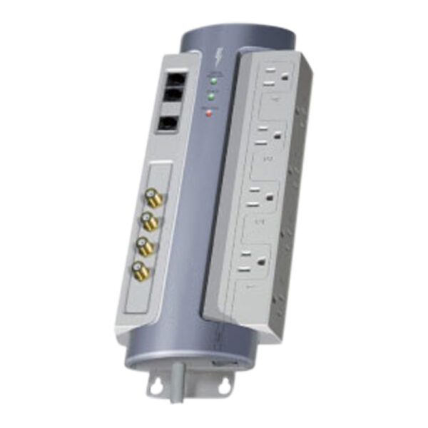 A gray and white power strip with multiple outlets.